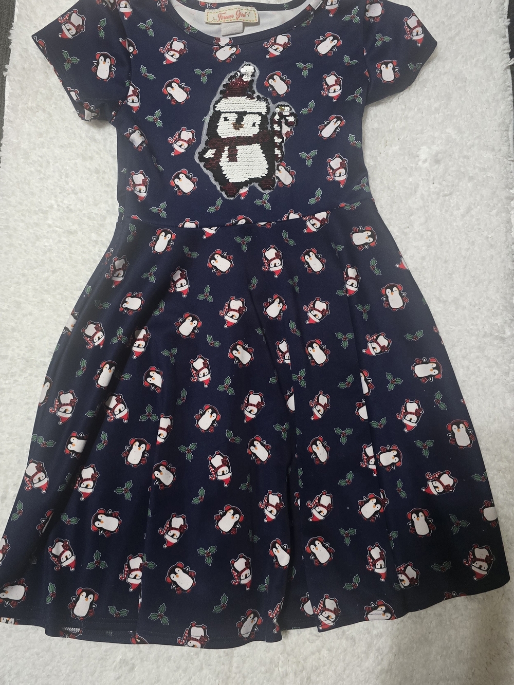 Forever Girl Girls Size 10/12 Christmas Penguin Dress Sequin Holiday Navy Blue